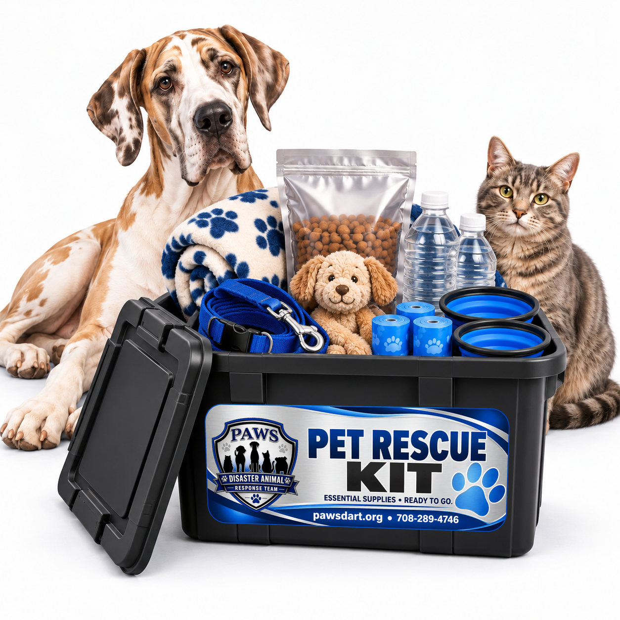 PAWS DART Pet Rescue Kit: labeled black tote with essential supplies, dog and cat